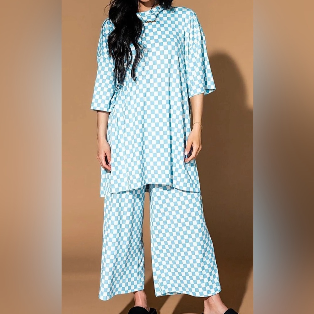 Dressed in Lala | LALA ORIGINAL: Lex Ribbed Checkerboard Playsuit in Blue Skies